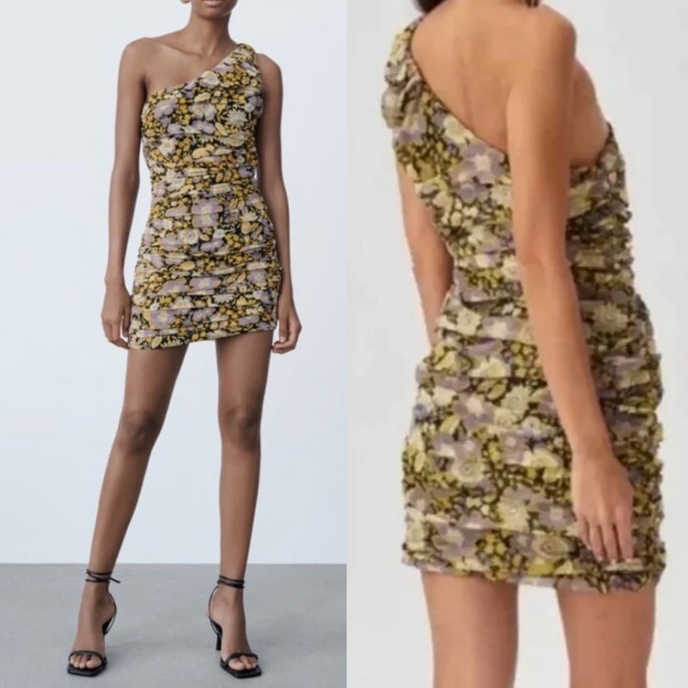ZARA One Shoulder Ruched Floral Mini Dress NWT Sz S